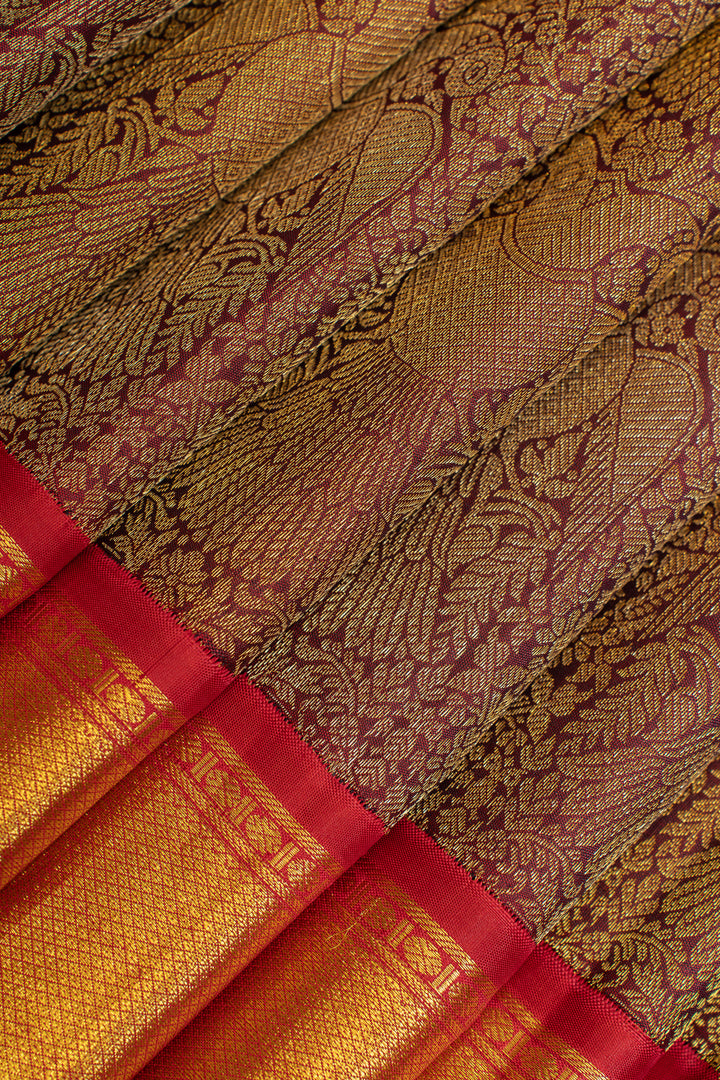 Sangria red iruthalaipakshi brocade pure Kanchipuram silk saree