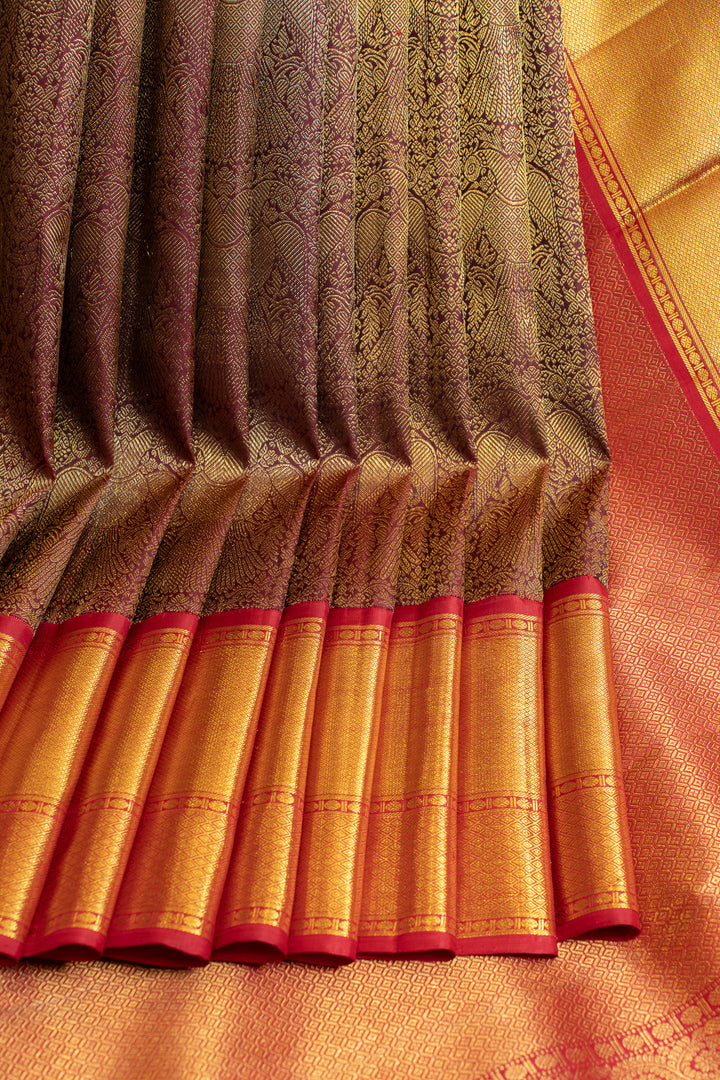 Sangria red iruthalaipakshi brocade pure Kanchipuram silk saree
