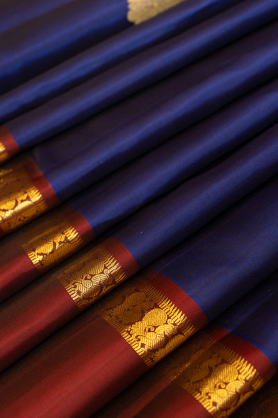 Royal Blue and Maroon iruthalaipakshi pure Kanchipuram silk saree