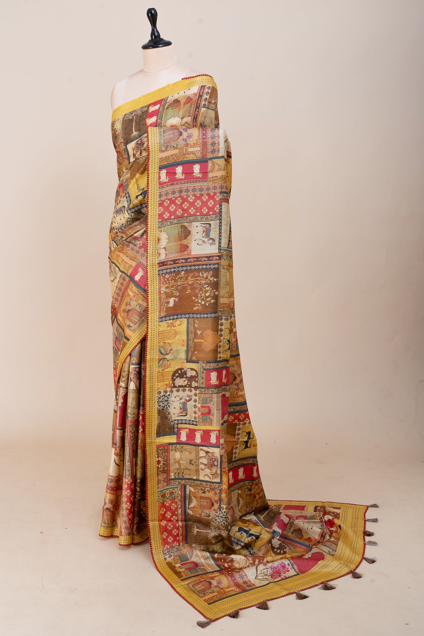 Mustard Pichwai Dupian Pure Tussar Saree