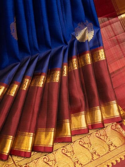 Royal Blue and Maroon iruthalaipakshi pure Kanchipuram silk saree