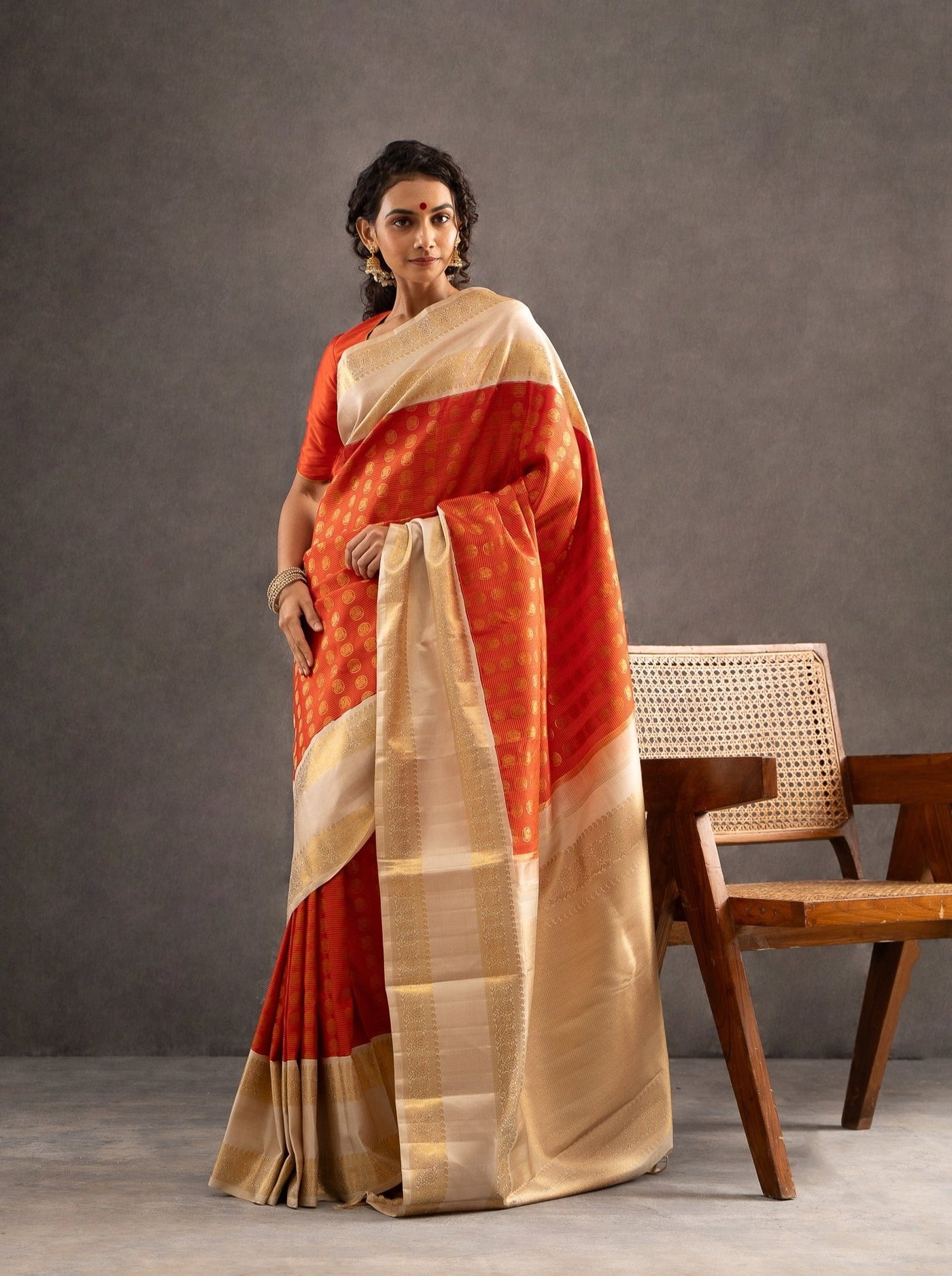 Rust Orange Rettai Pettu Pure Zari Kanchipuram Silk Saree - Clio Silks