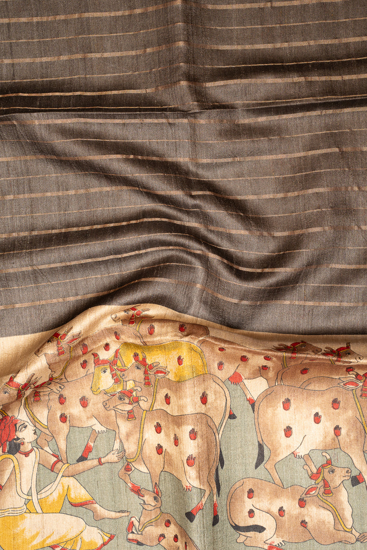 Grey Stripes Pichwai Handprinted Pure Tussar Saree - Clio Silks