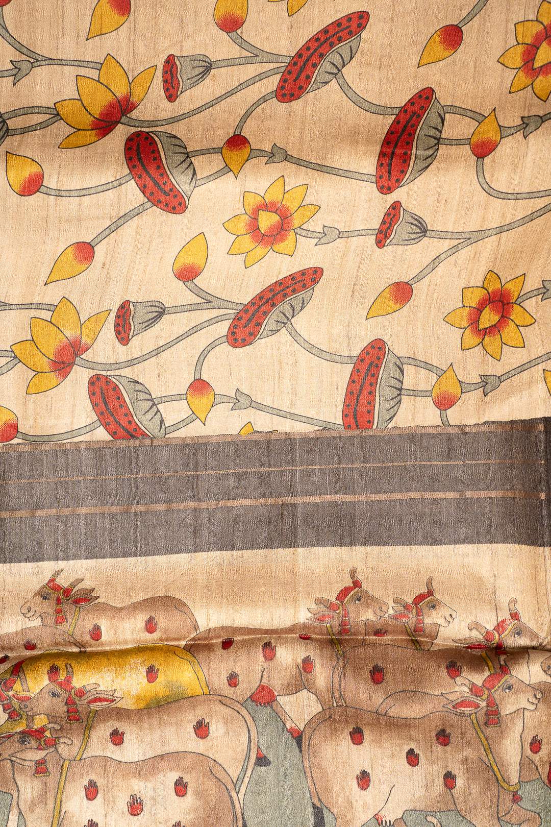 Grey Stripes Pichwai Handprinted Pure Tussar Saree - Clio Silks