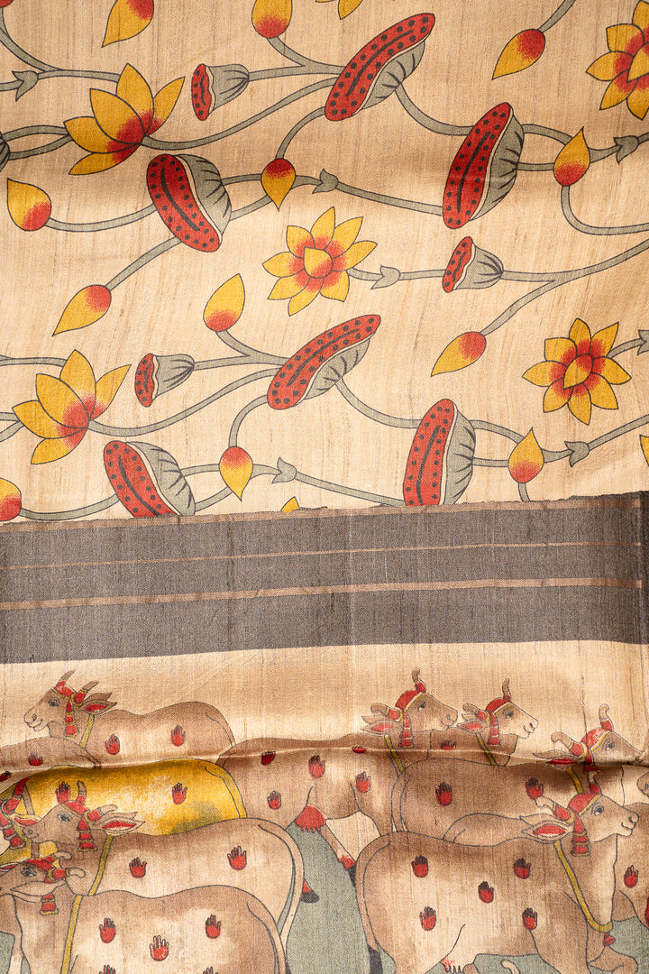 Grey Stripes Pichwai Handprinted Pure Tussar Saree - Clio Silks