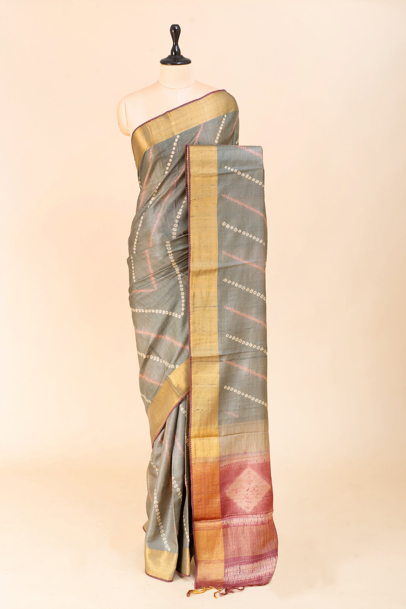 Beige Grey Bandhini Printed Pure Tussar Saree