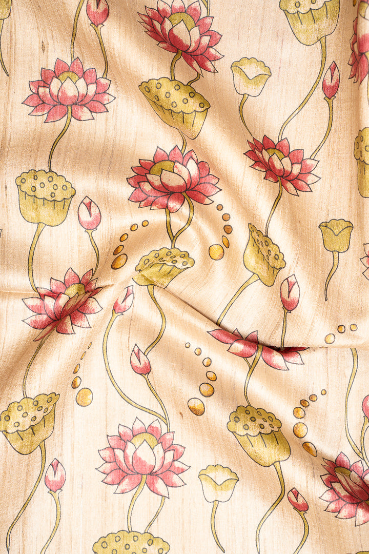 Beige and Brown Pichwai HandPrinted Pure Tussar Saree - Clio Silks