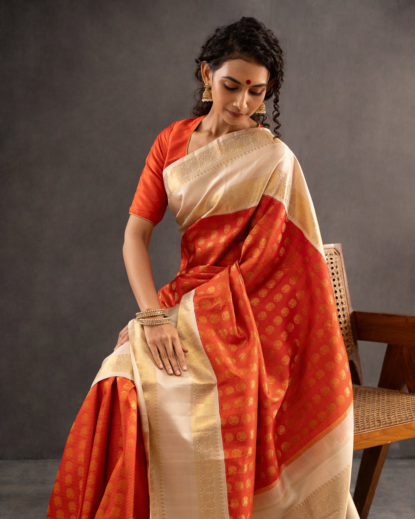 Rust Orange Rettai Pettu Pure Zari Kanchipuram Silk Saree - Clio Silks