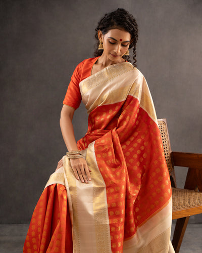 Rust Orange Rettai Pettu Pure Zari Kanchipuram Silk Saree - Clio Silks