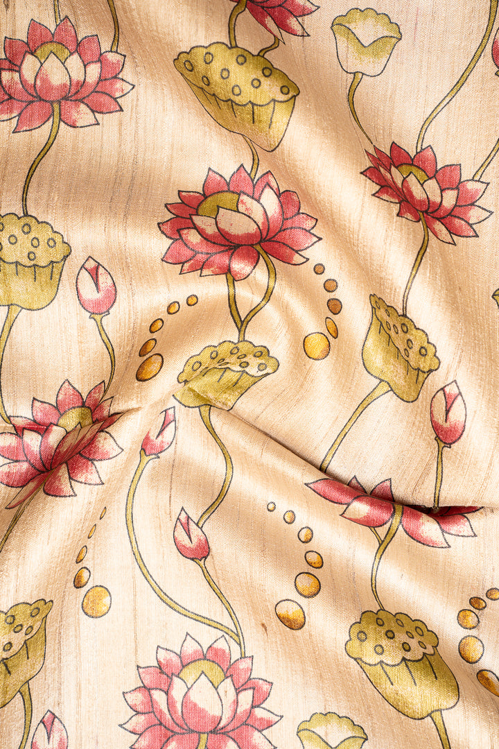 Beige and Brown Pichwai HandPrinted Pure Tussar Saree - Clio Silks