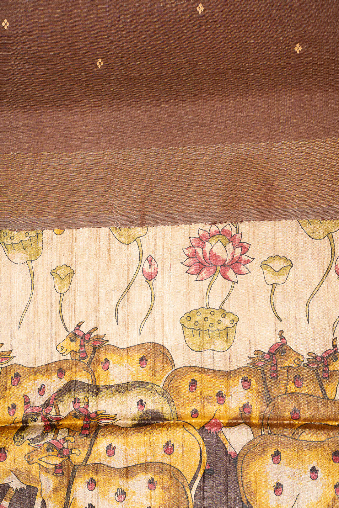 Beige and Brown Pichwai HandPrinted Pure Tussar Saree - Clio Silks