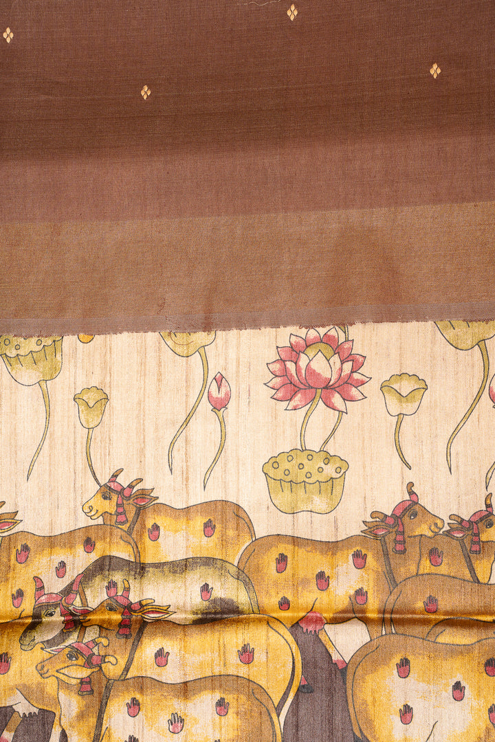 Beige and Brown Pichwai HandPrinted Pure Tussar Saree - Clio Silks