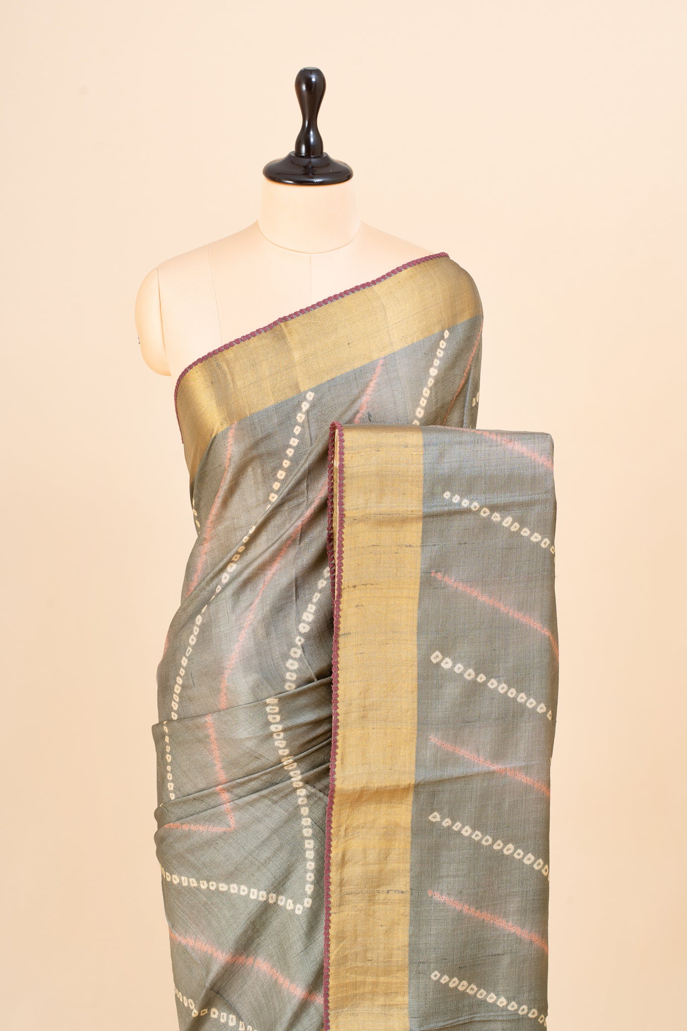 Beige Grey Bandhini Printed Pure Tussar Saree