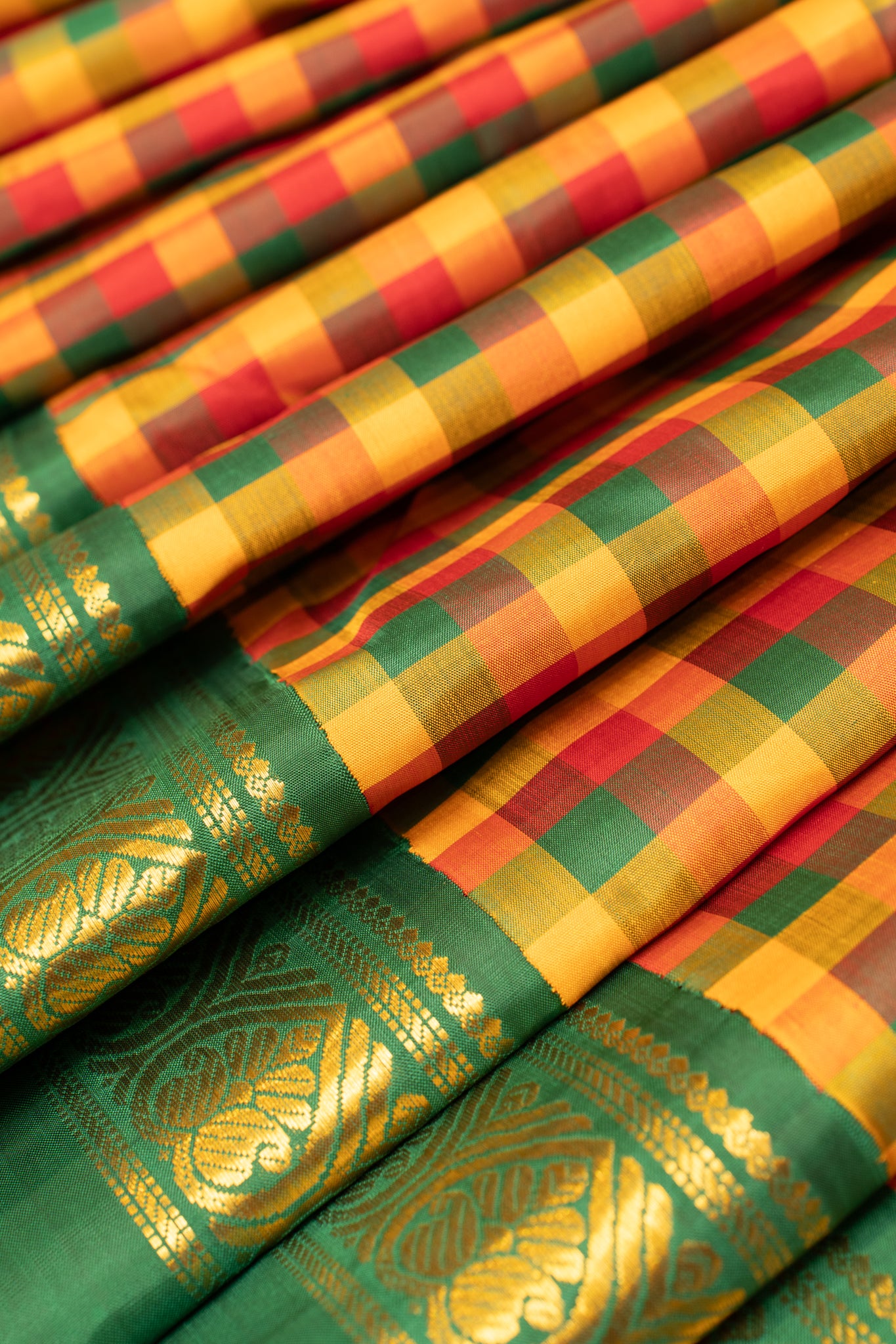 Green multi checks pure Kanchipuram silk saree