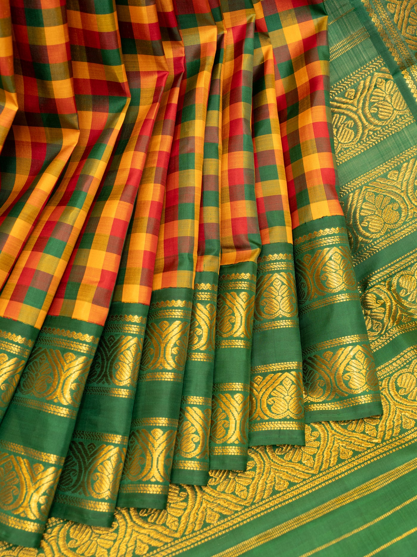 Green multi checks pure Kanchipuram silk saree