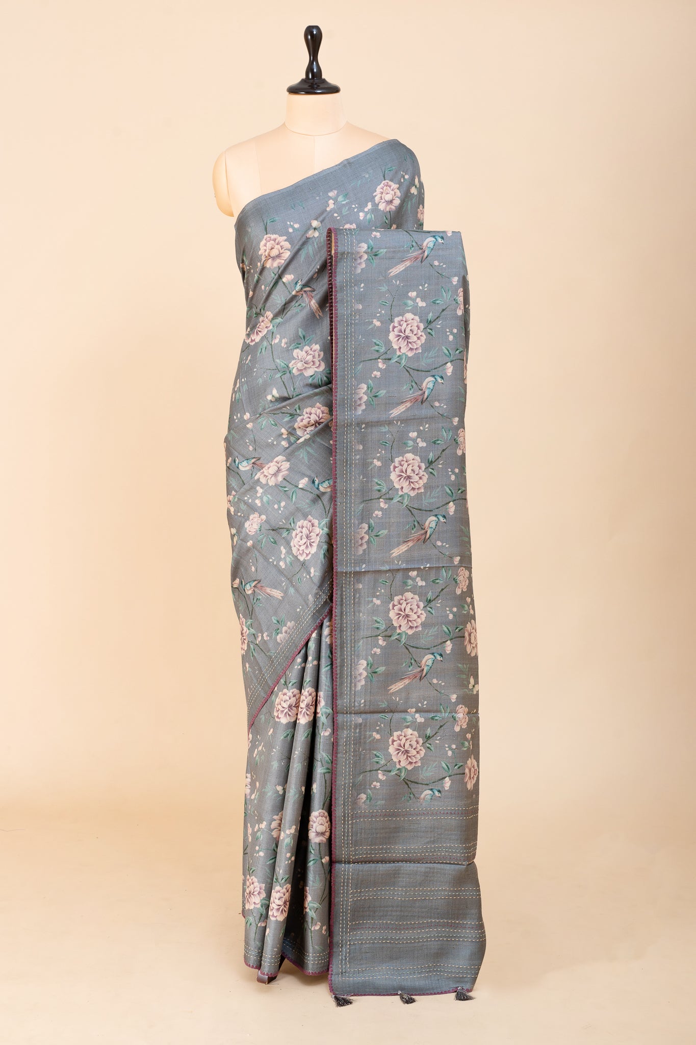 Grey Floral Dupian Pure Tussar Saree