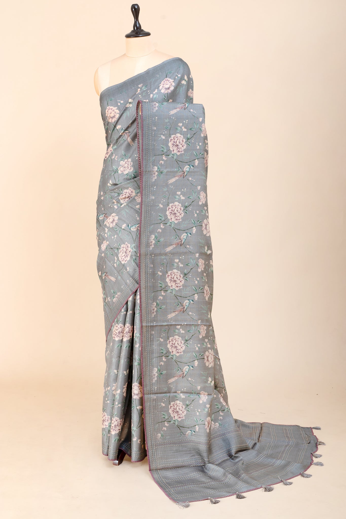 Grey Floral Dupian Pure Tussar Saree