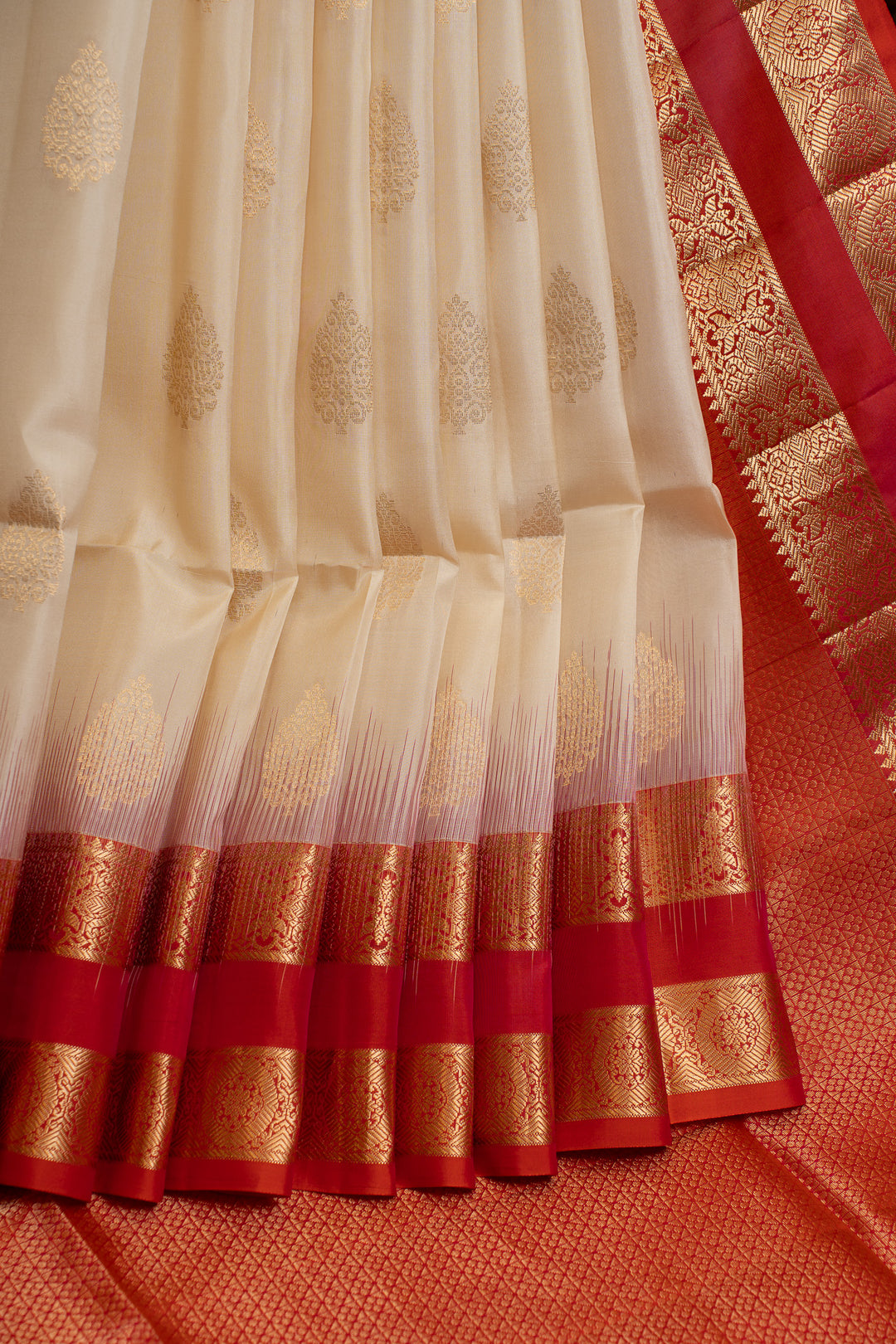 Pearl white and red pure soft silk saree