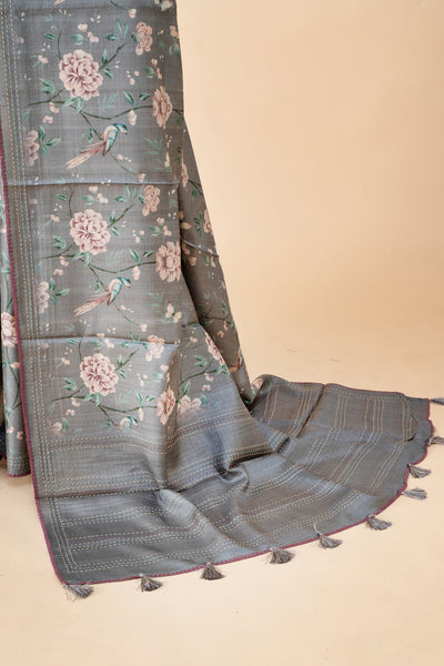 Grey Floral Dupian Pure Tussar Saree