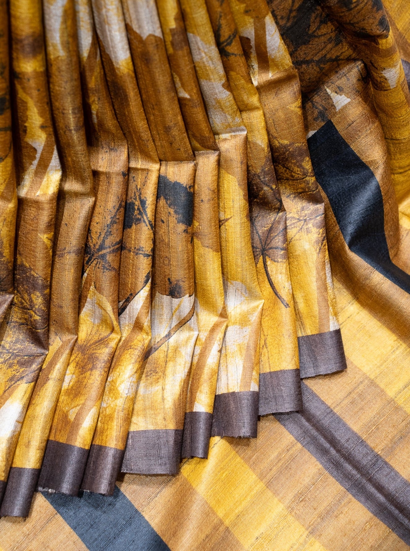Mustard Hand Printed Pure Tussar Saree - Clio Silks