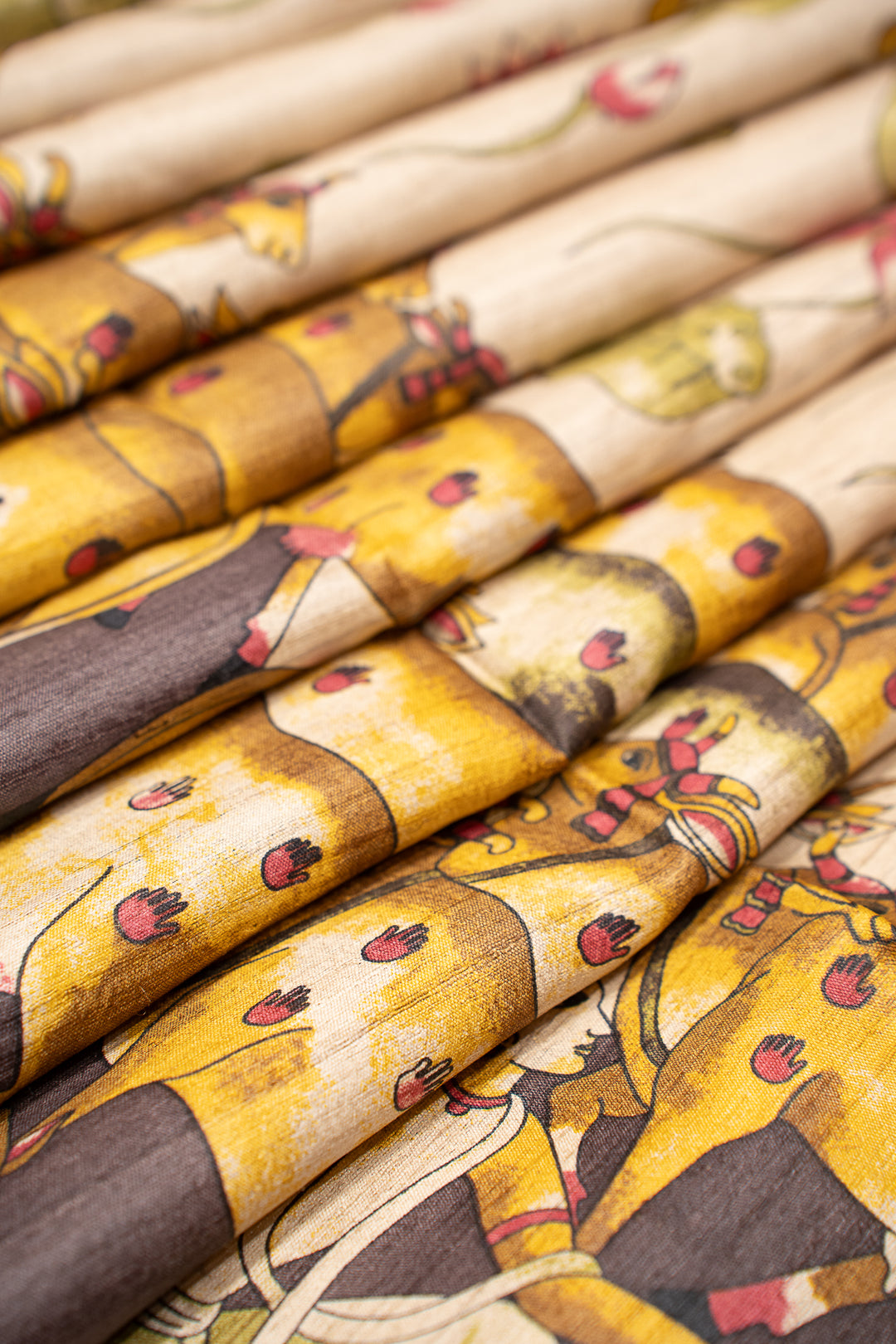 Beige and Brown Pichwai HandPrinted Pure Tussar Saree - Clio Silks