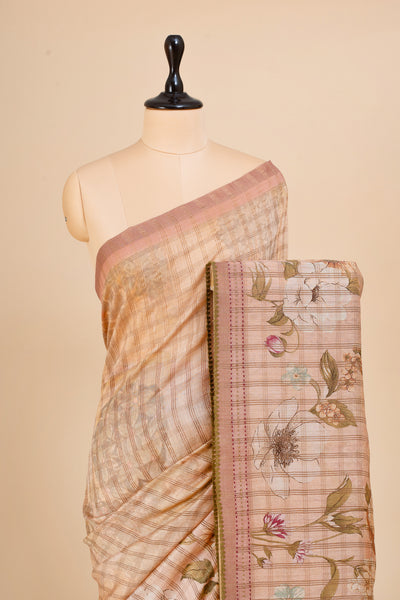 Peach Floral Zari Checks Munga Tussar Saree