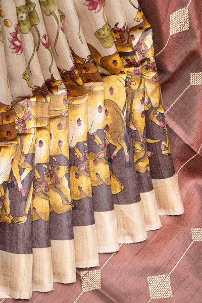 Beige and Brown Pichwai HandPrinted Pure Tussar Saree - Clio Silks