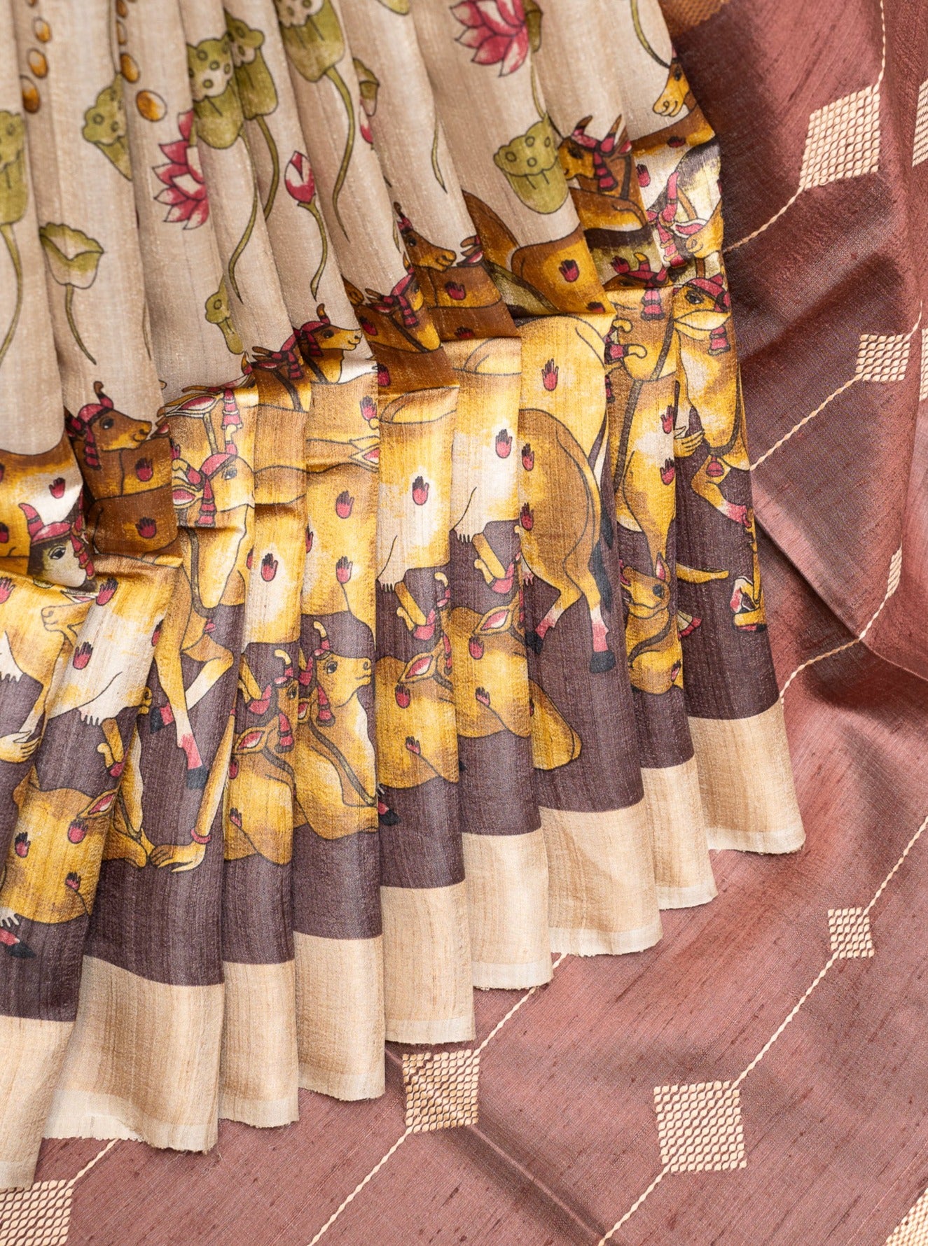 Beige and Brown Pichwai HandPrinted Pure Tussar Saree - Clio Silks