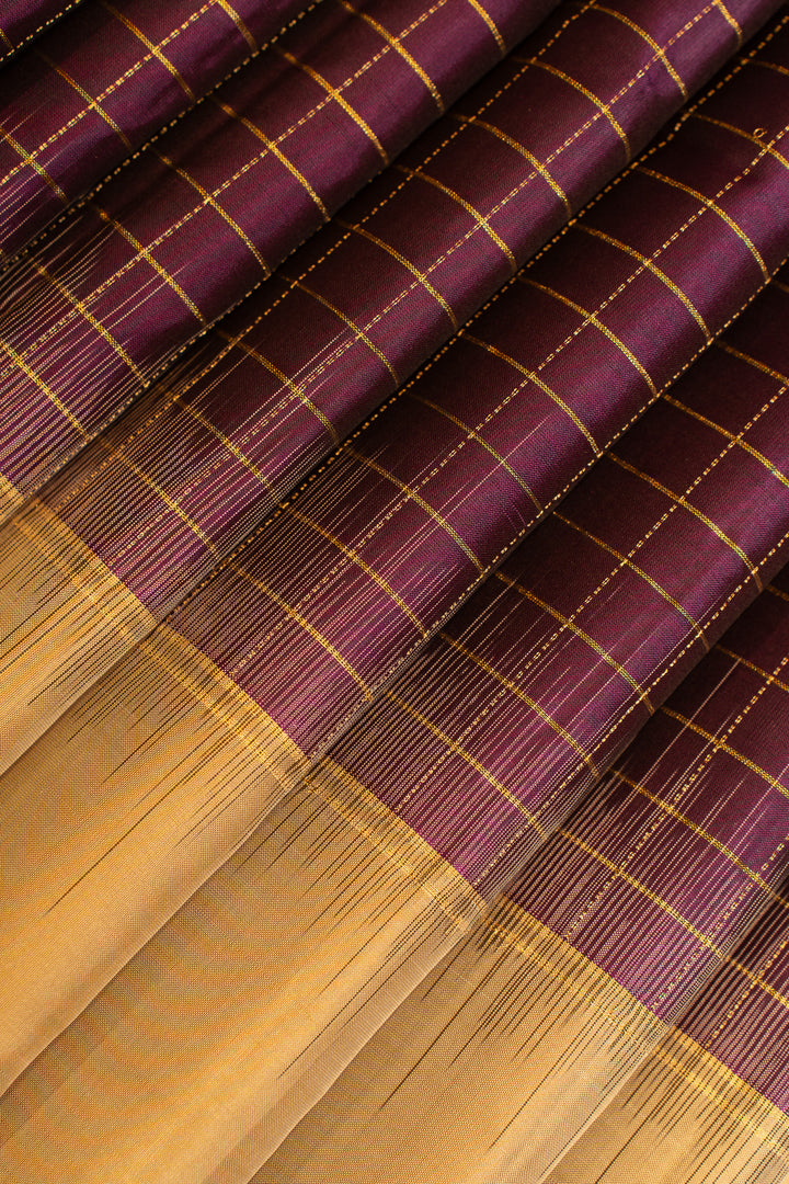 Aubergine purple checks pure soft silk saree