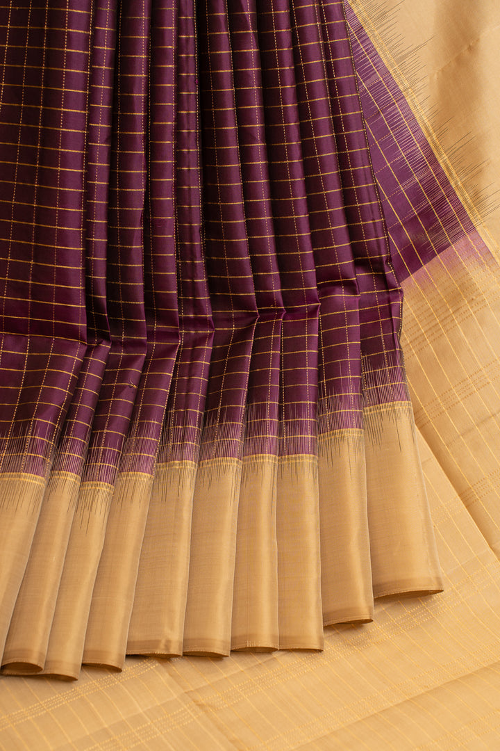 Aubergine purple checks pure soft silk saree