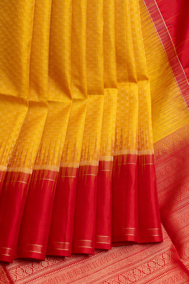Yellow and red brocade checks pure soft silk saree