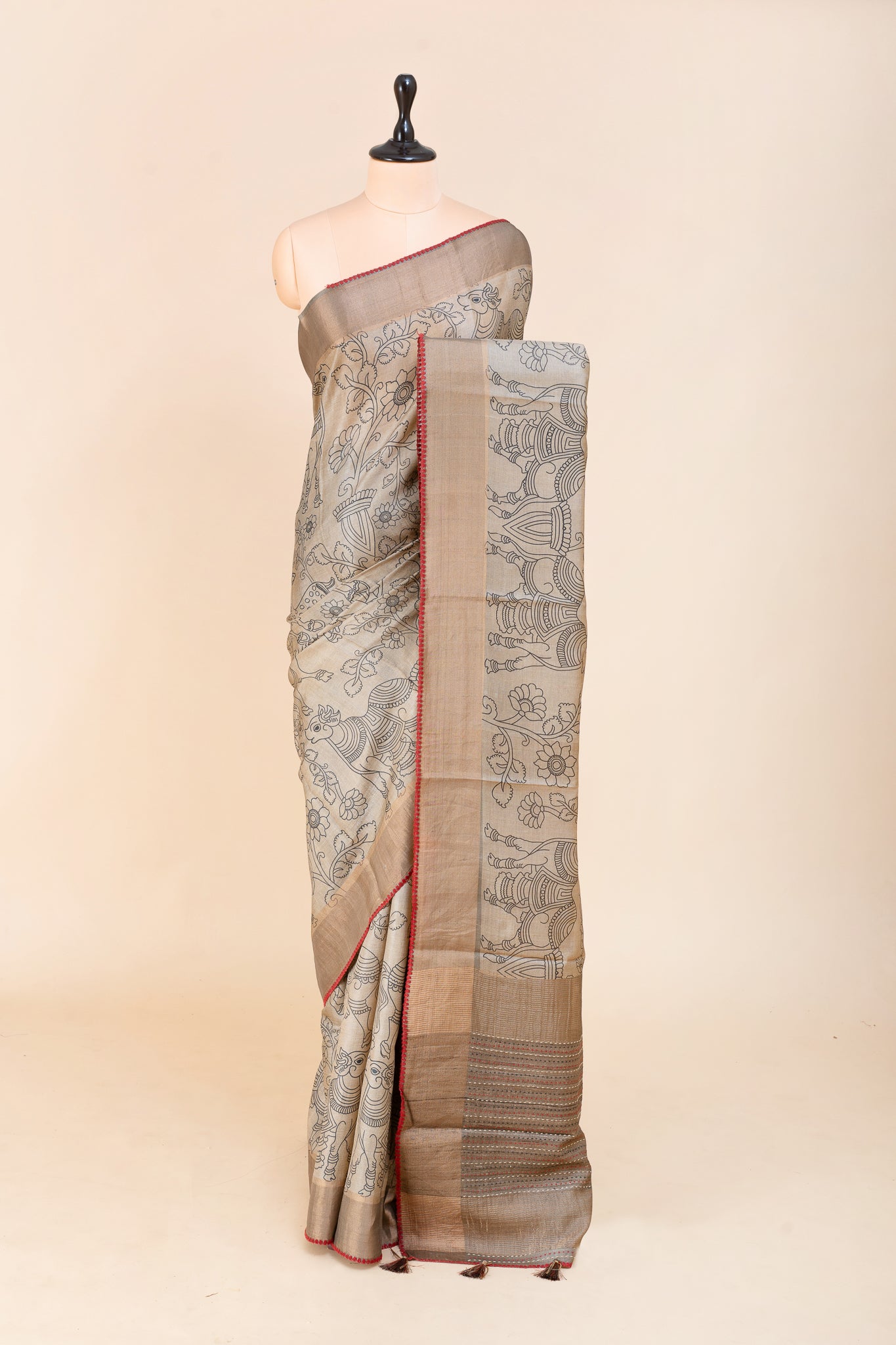 Brown Kalamkari Pure Tussar Saree