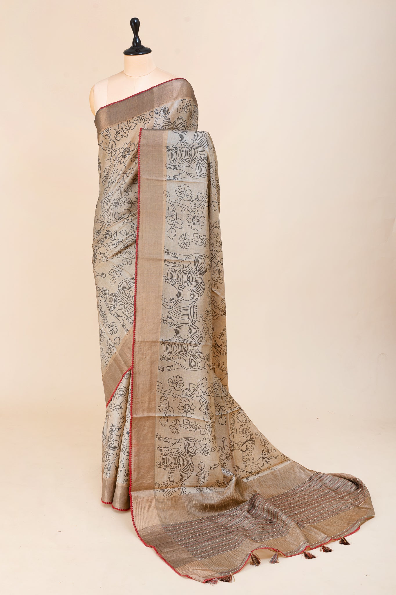 Brown Kalamkari Pure Tussar Saree