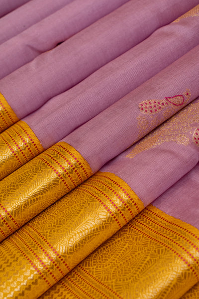 Lilac and yellow pure zari pastel Kanchipuram silk saree