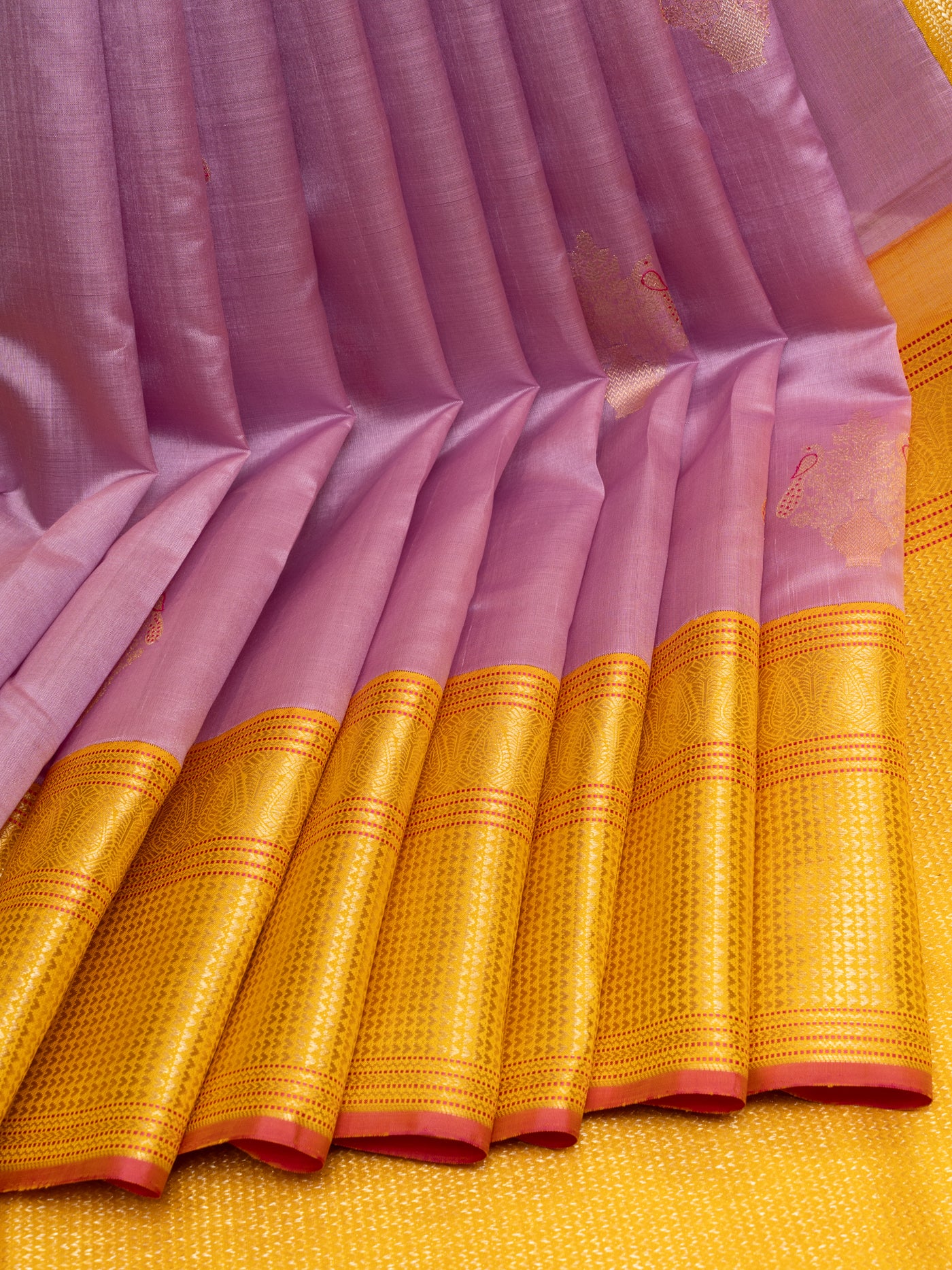 Lilac and yellow pure zari pastel Kanchipuram silk saree