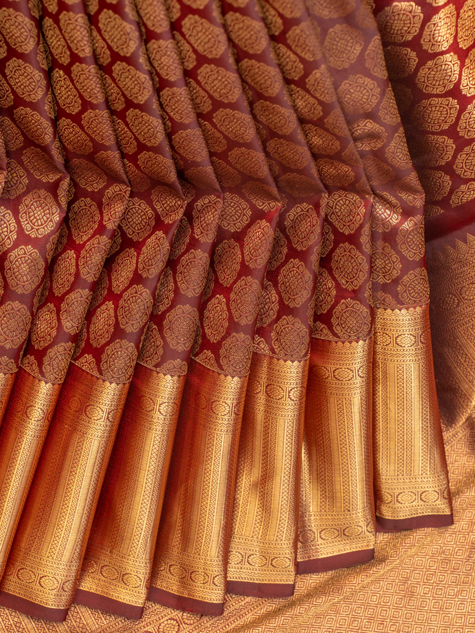 Maroon coin brocade pure Kanchipuram silk saree | Clio Silks
