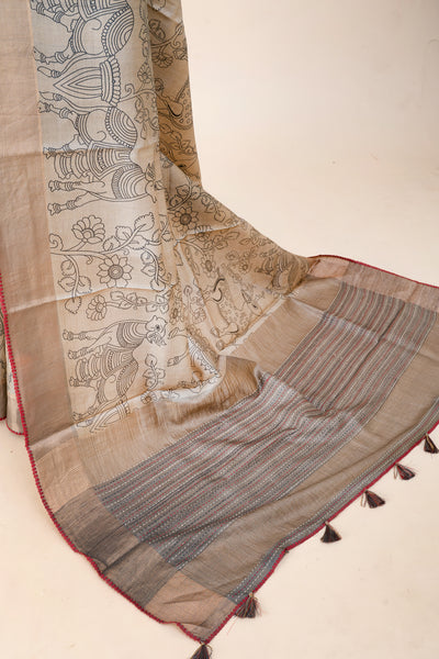 Brown Kalamkari Pure Tussar Saree