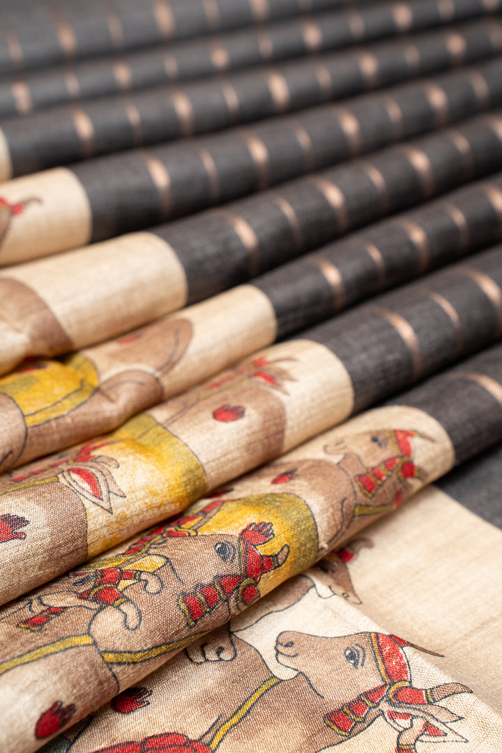 Grey Stripes Pichwai Handprinted Pure Tussar Saree - Clio Silks