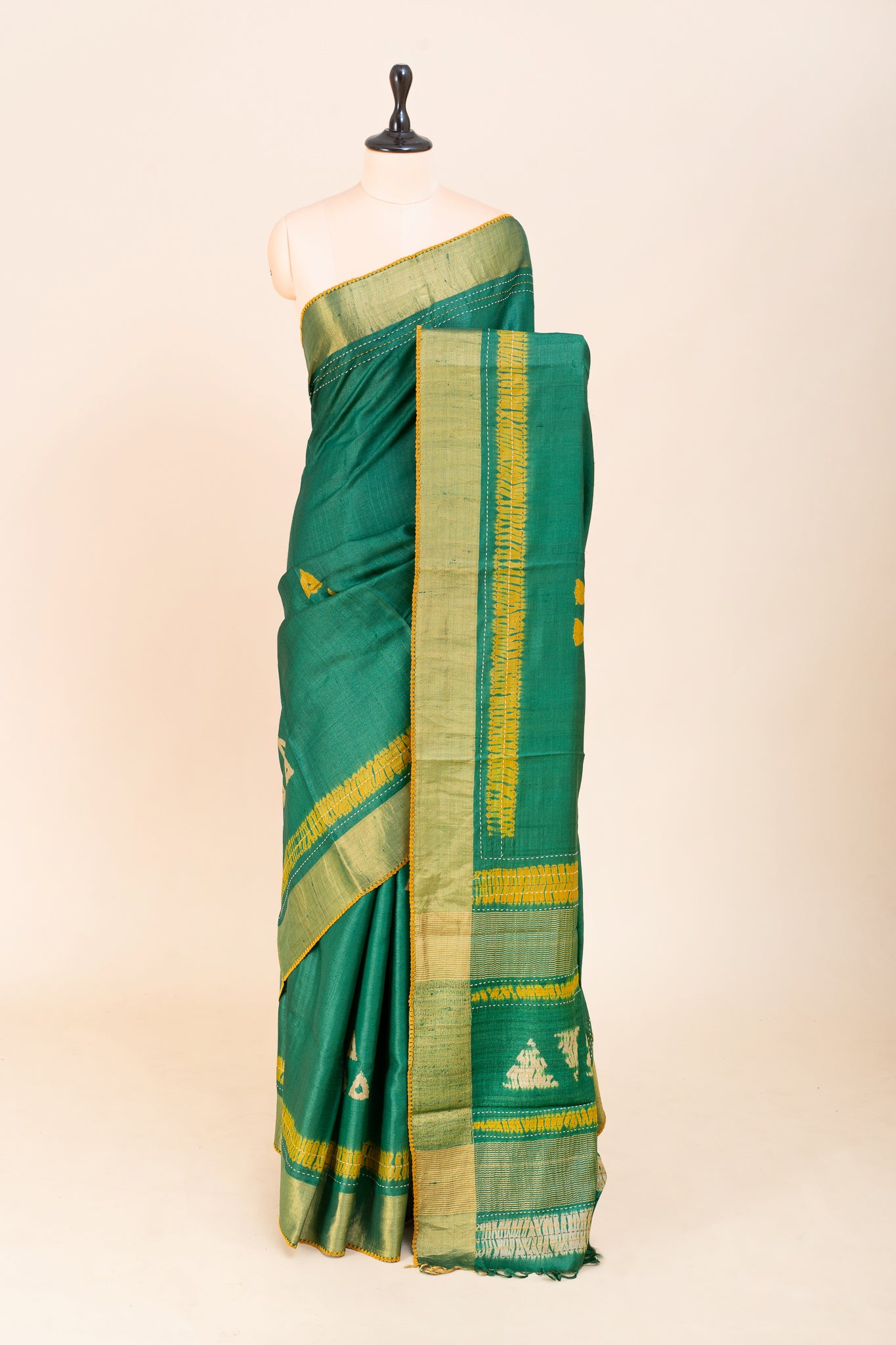 Green and Yellow Shibori Pure Tussar Saree