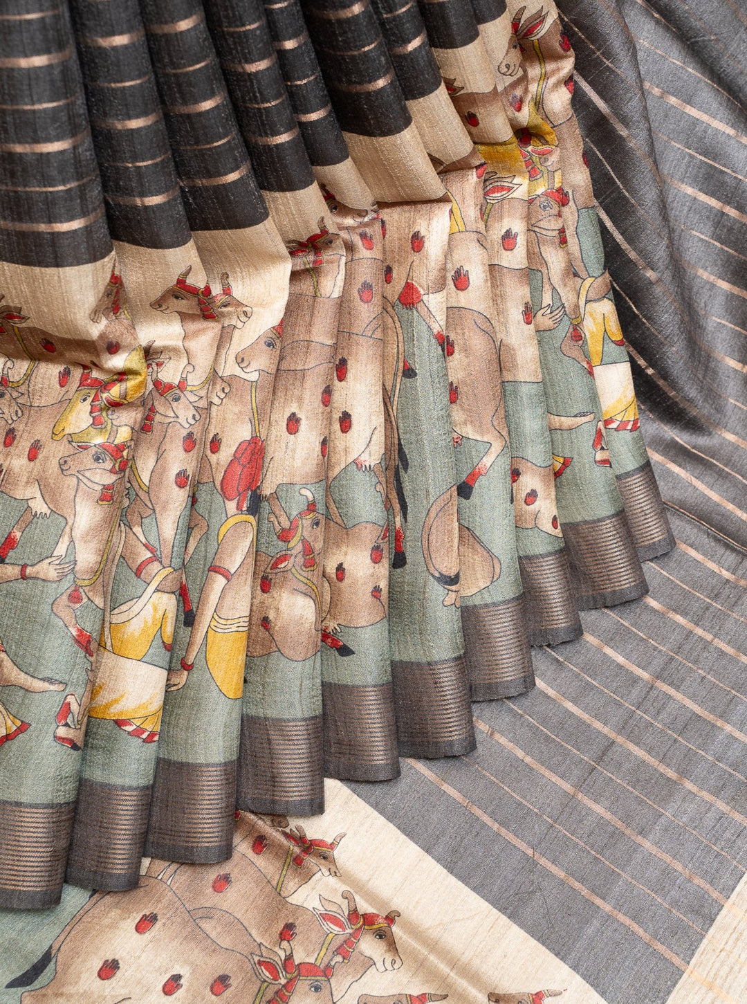 Grey Stripes Pichwai Handprinted Pure Tussar Saree - Clio Silks