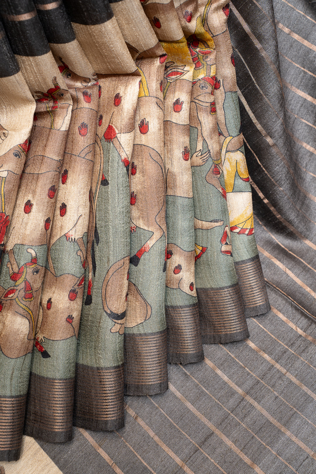 Grey Stripes Pichwai Handprinted Pure Tussar Saree - Clio Silks