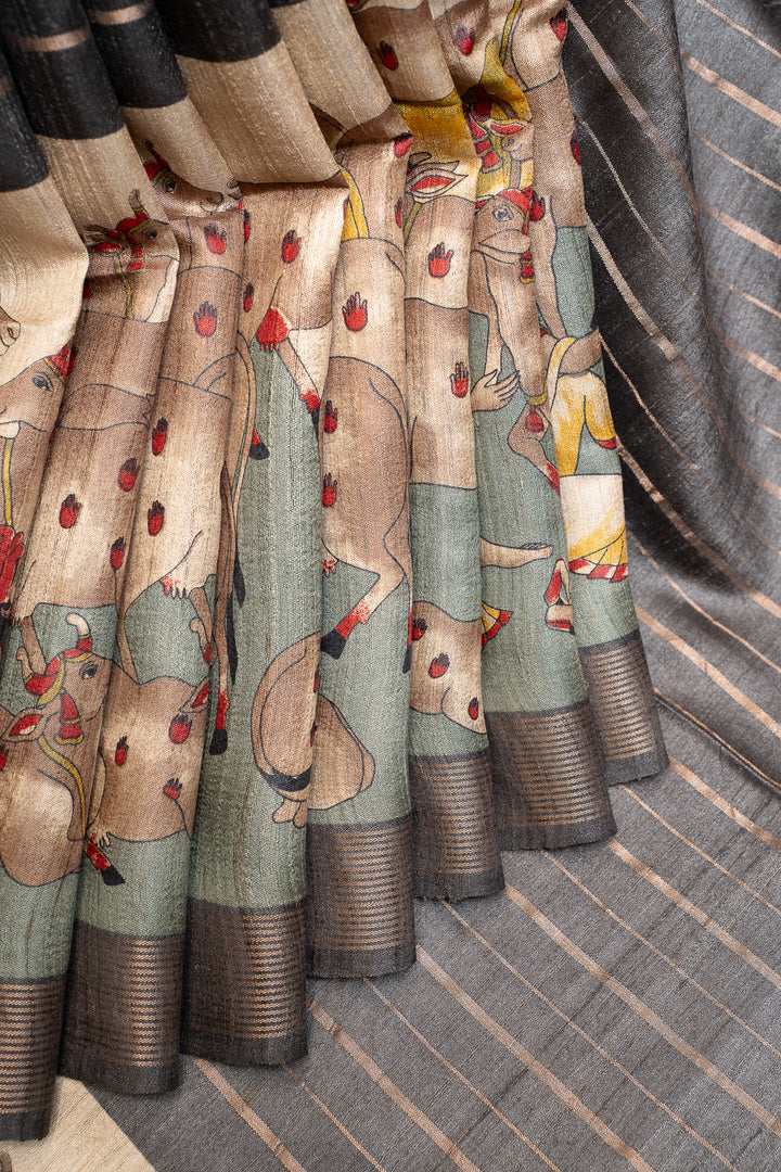 Grey Stripes Pichwai Handprinted Pure Tussar Saree - Clio Silks