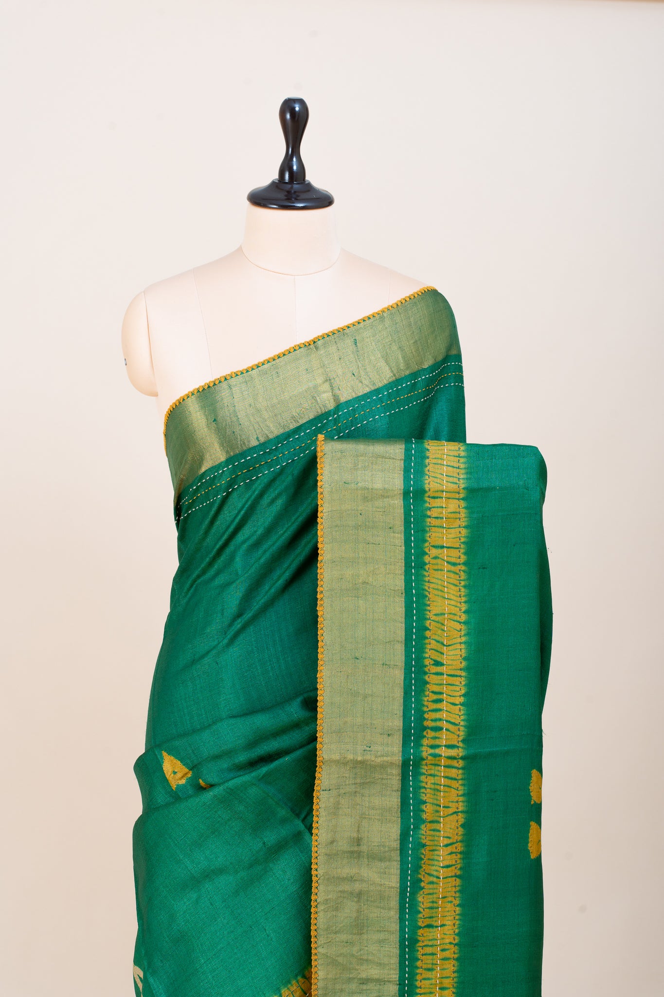 Green and Yellow Shibori Pure Tussar Saree