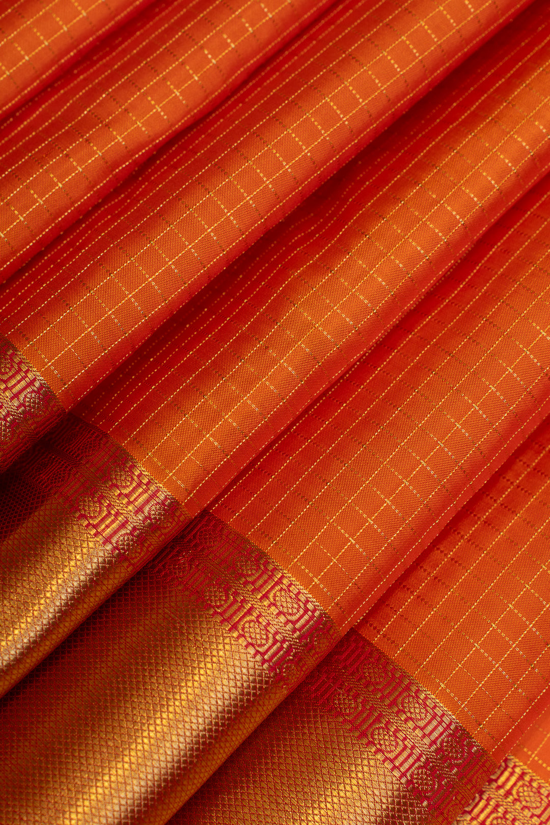 Orange checks pure silk saree