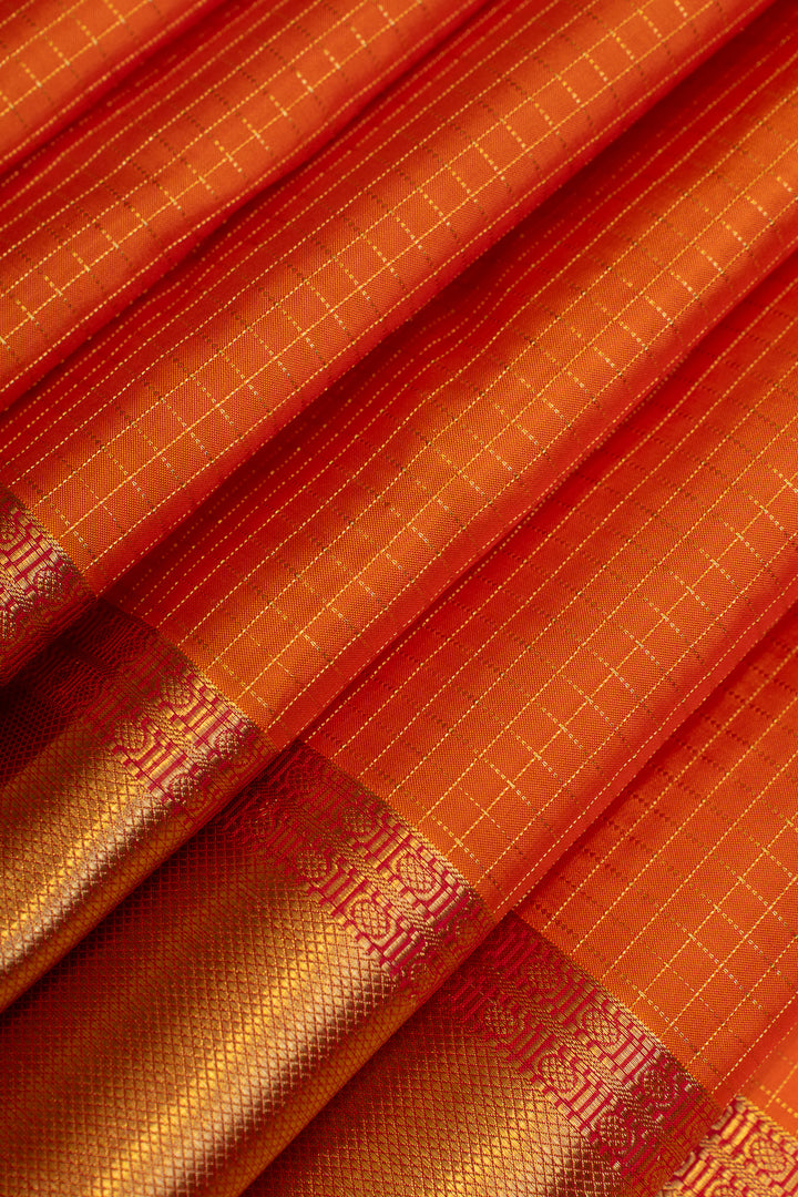 Orange checks pure silk saree