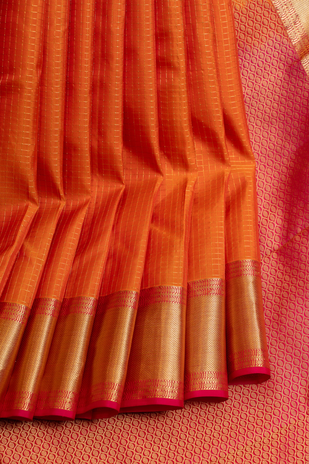 Orange checks pure silk saree