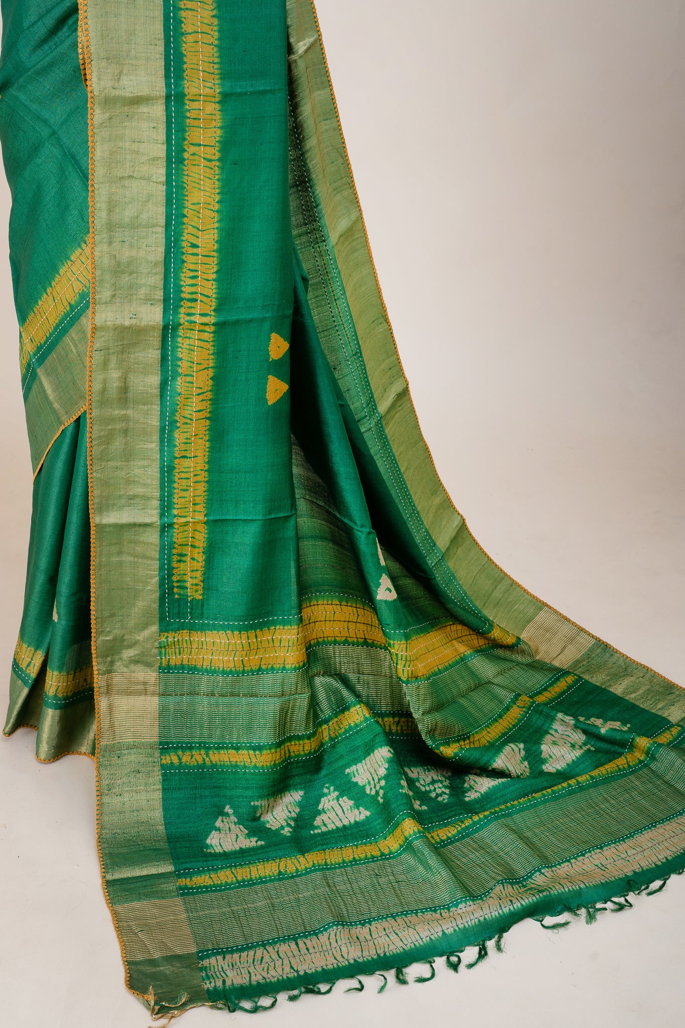 Green and Yellow Shibori Pure Tussar Saree