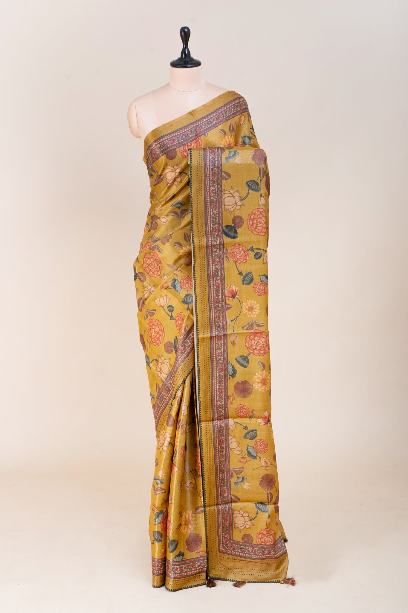 Mustard Kalamkari Pure Tussar Saree