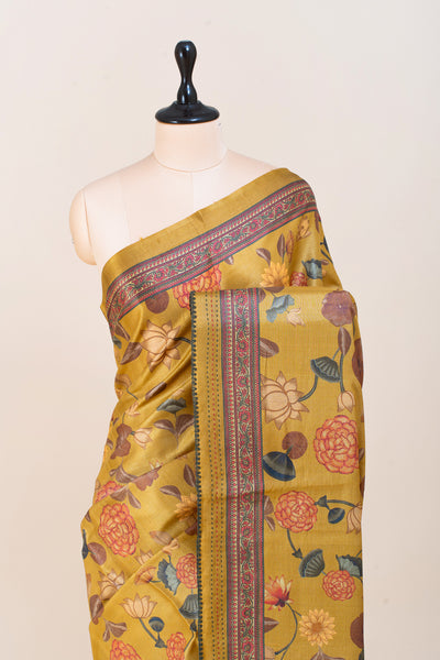 Mustard Kalamkari Pure Tussar Saree