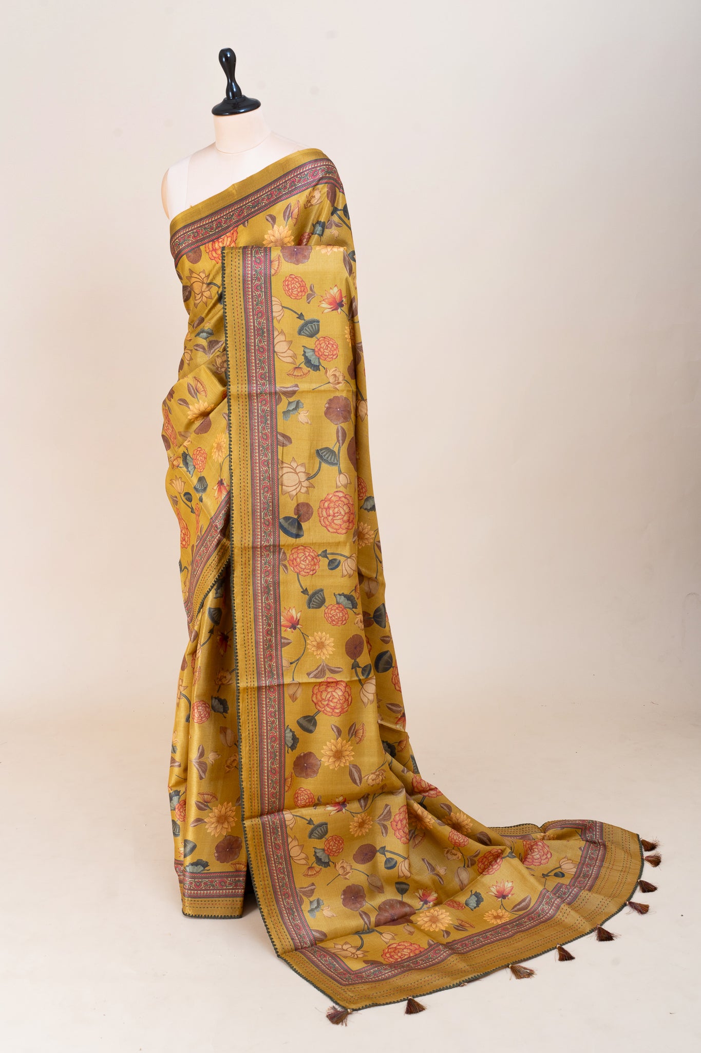 Mustard Kalamkari Pure Tussar Saree